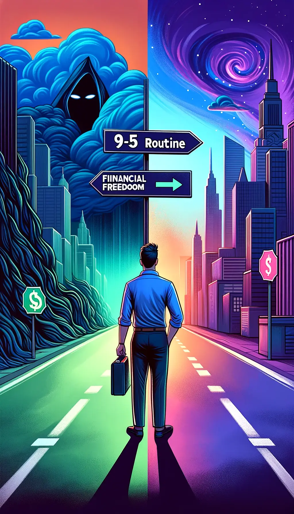 A vertical portrait illustration showcasing a 9-5 professional's journey towards financial independence. The image depicts a young professional