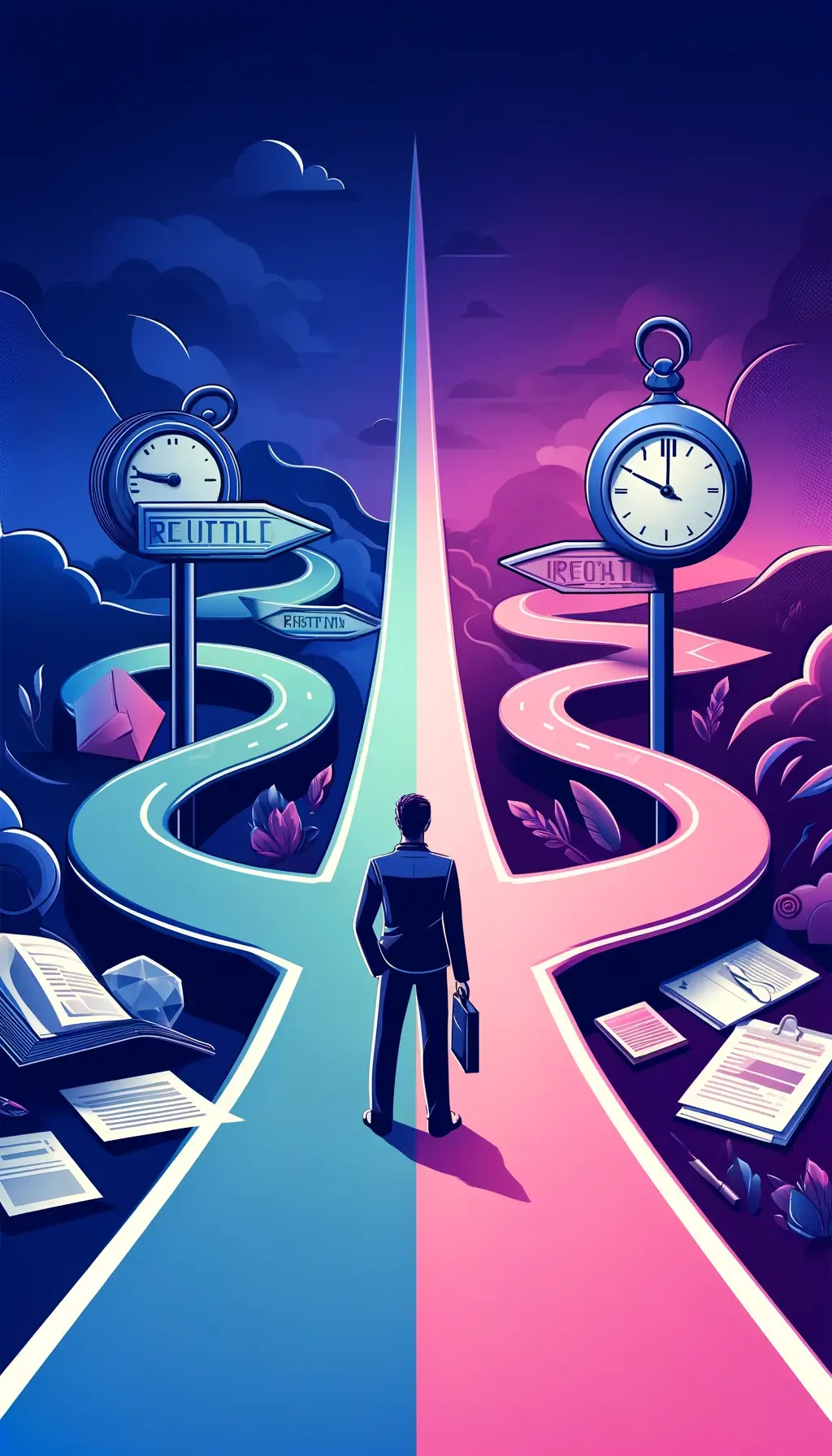 A vertical portrait illustration visualizing a journey with two distinct paths. To the left, a long, winding path filled with obstacles such as clocks